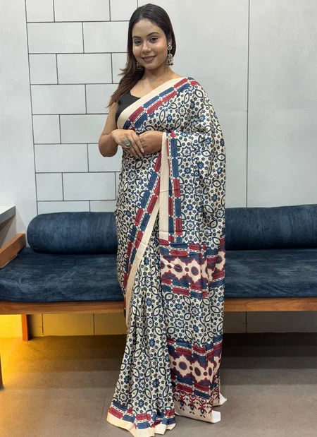 Tew Japan Satin Soft With Ajrak Print Sarees Wholesalers In Delhi